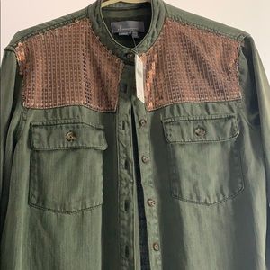 Anthropologie NWT green denim shirt with sequins
